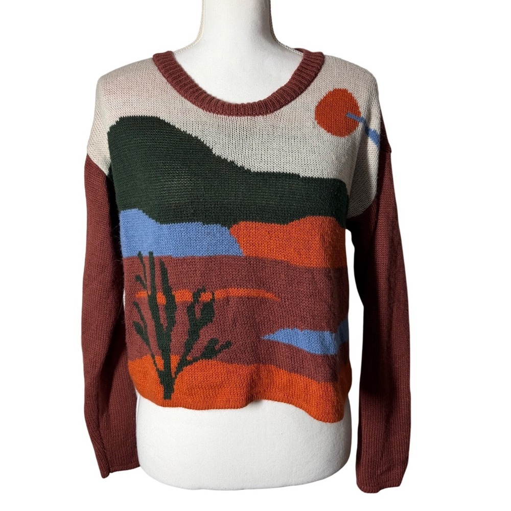 Madden NYC Desert Landscape Intarsia Sweater M Brown Cactus Graphic Knit Exc
